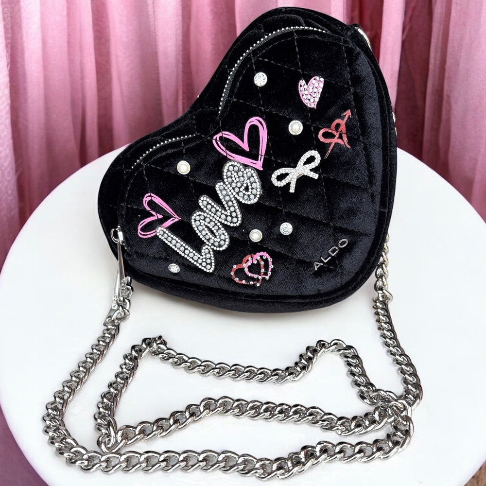 Aldo Black Heart Crossbody Bag with Pink and White Accents